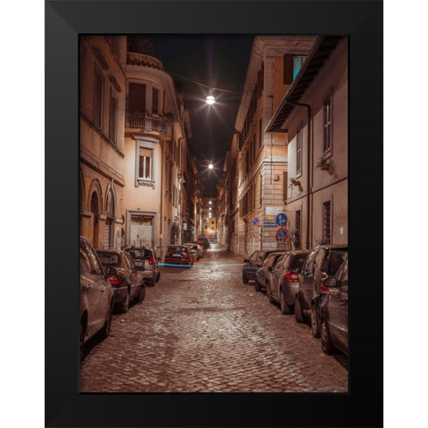 Vehicles parked on narrow city streets of Rome, Italy Black Modern Wood Framed Art Print by Frank, Assaf