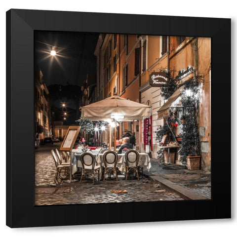 Sidewalk cafe on narrow streets of Rome, Italy, FTBR-1804 Black Modern Wood Framed Art Print with Double Matting by Frank, Assaf
