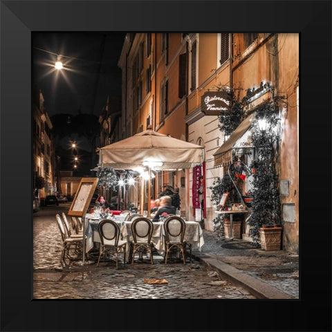 Sidewalk cafe on narrow streets of Rome, Italy, FTBR-1804 Black Modern Wood Framed Art Print by Frank, Assaf