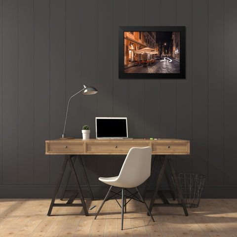 Sidewalk cafe on narrow streets of Rome, Italy, FTBR-1825 Black Modern Wood Framed Art Print by Frank, Assaf