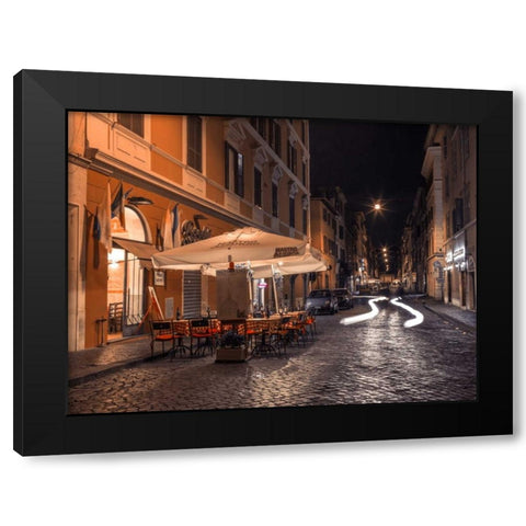 Sidewalk cafe on narrow streets of Rome, Italy, FTBR-1825 Black Modern Wood Framed Art Print with Double Matting by Frank, Assaf