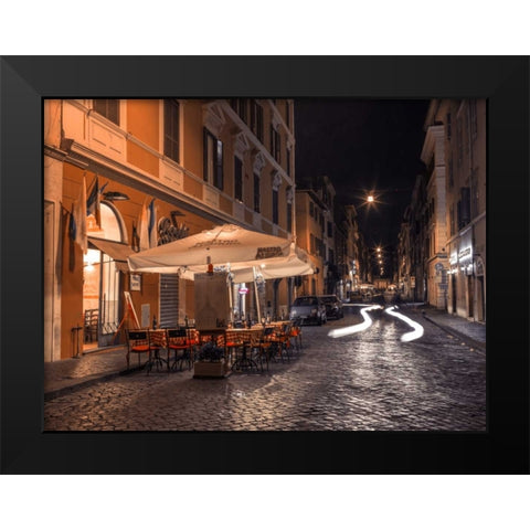 Sidewalk cafe on narrow streets of Rome, Italy, FTBR-1825 Black Modern Wood Framed Art Print by Frank, Assaf
