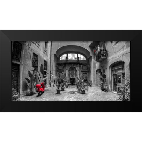 Old Fashioned house with potted plants and scooter, Rome, Italy Black Modern Wood Framed Art Print by Frank, Assaf