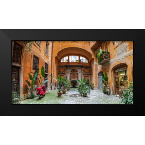 Old Fashioned house with potted plants and scooter, Rome, Italy Black Modern Wood Framed Art Print by Frank, Assaf