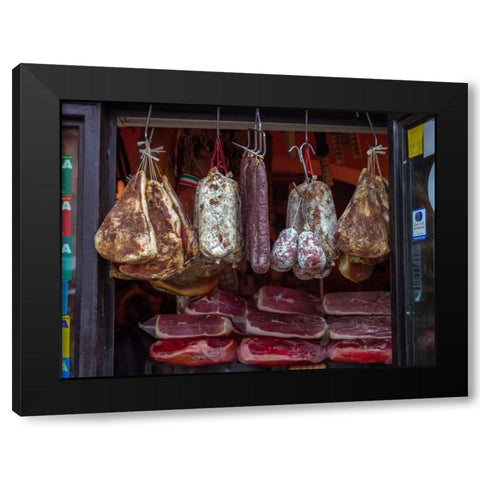 Various salami hanging in a window of an Italian Salami shop, Rome, Italy Black Modern Wood Framed Art Print with Double Matting by Frank, Assaf