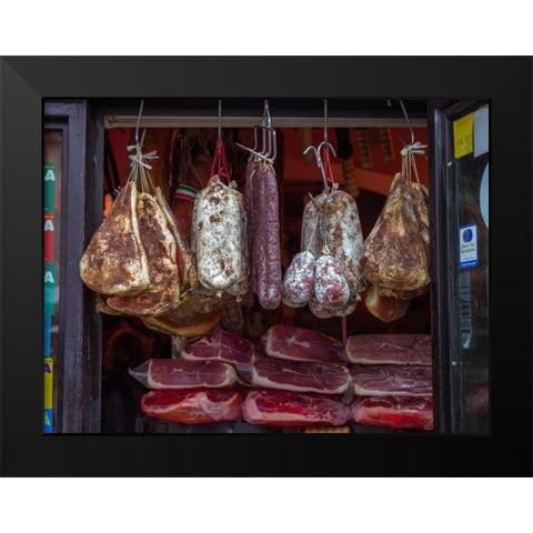 Various salami hanging in a window of an Italian Salami shop, Rome, Italy Black Modern Wood Framed Art Print by Frank, Assaf