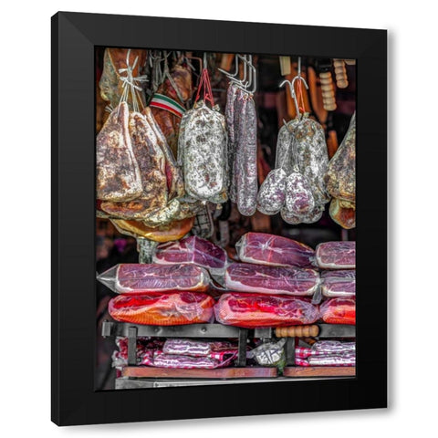 Various salami hanging in a window of an Italian Salami shop, Rome, Italy Black Modern Wood Framed Art Print by Frank, Assaf
