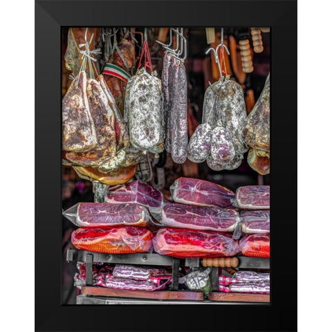 Various salami hanging in a window of an Italian Salami shop, Rome, Italy Black Modern Wood Framed Art Print by Frank, Assaf