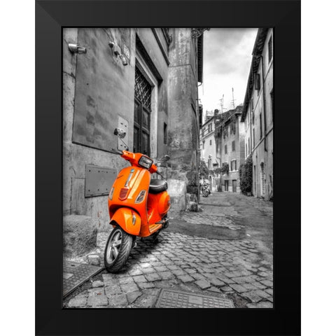 Scooter parked in narrow street of Rome, Italy Black Modern Wood Framed Art Print by Frank, Assaf