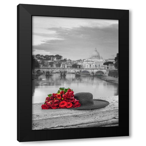 Hat and bunch of roses on bridge with Basilica di San Pietro in Vatican, Rome, Italy Black Modern Wood Framed Art Print with Double Matting by Frank, Assaf
