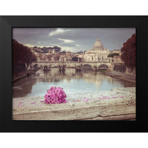 Bunch of roses on bridge with Basilica di San Pietro in Vatican, Rome, Italy Black Modern Wood Framed Art Print by Frank, Assaf