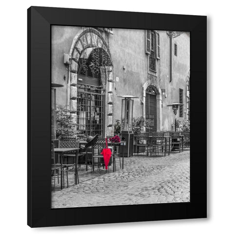 Red umbrella with female hat and bunch of roses on cafe table, Rome, Italy Black Modern Wood Framed Art Print with Double Matting by Frank, Assaf