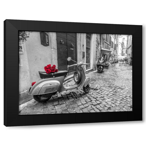 Old scooter with bunch of roses on narrow street of Rome Black Modern Wood Framed Art Print with Double Matting by Frank, Assaf