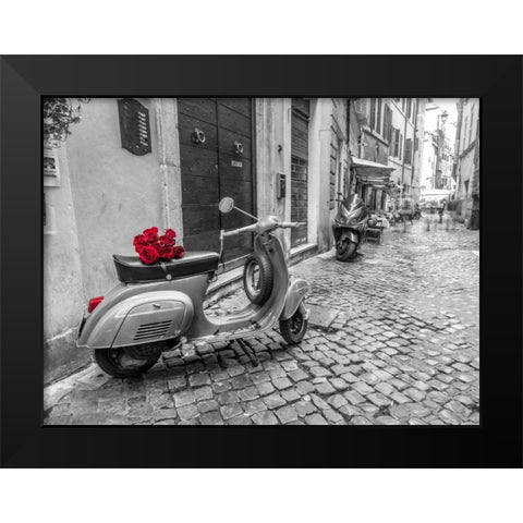 Old scooter with bunch of roses on narrow street of Rome Black Modern Wood Framed Art Print by Frank, Assaf