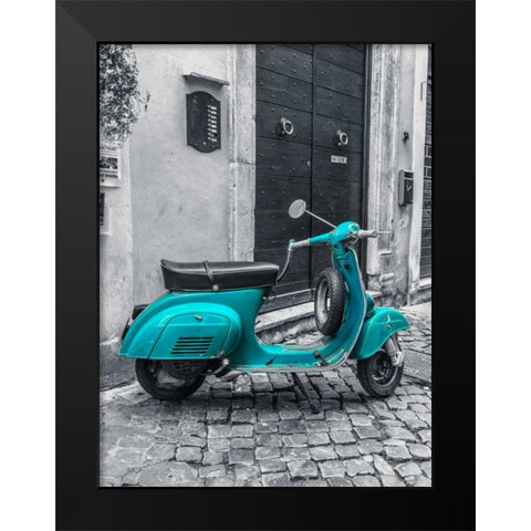 Old scooter on narrow street of Rome Black Modern Wood Framed Art Print by Frank, Assaf