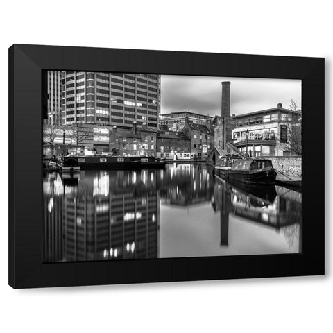 Narrow canal with small boats in Birmingham, UK Black Modern Wood Framed Art Print with Double Matting by Frank, Assaf
