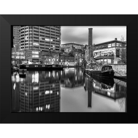 Narrow canal with small boats in Birmingham, UK Black Modern Wood Framed Art Print by Frank, Assaf