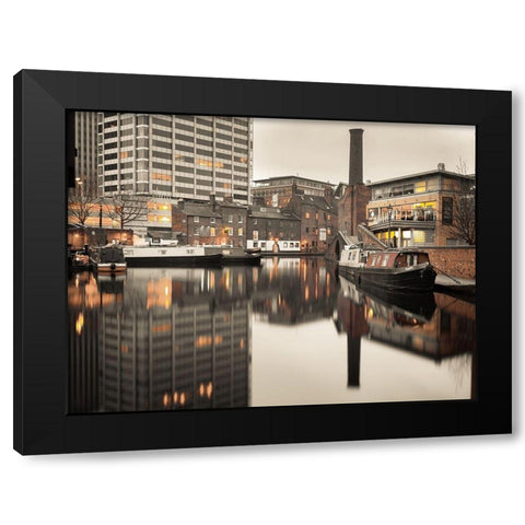 Narrow canal with small boats in Birmingham, UK Black Modern Wood Framed Art Print with Double Matting by Frank, Assaf