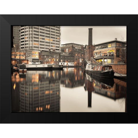 Narrow canal with small boats in Birmingham, UK Black Modern Wood Framed Art Print by Frank, Assaf