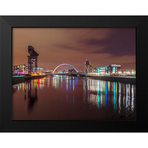 View along the river Clyde at night-Glasgow Black Modern Wood Framed Art Print by Frank, Assaf