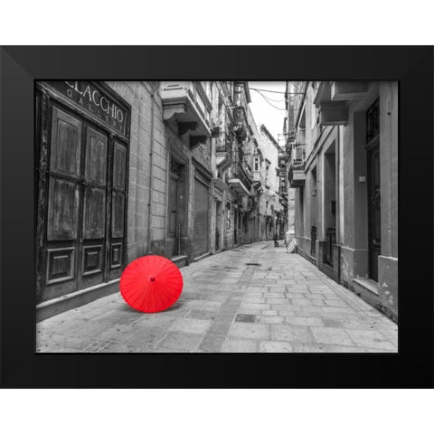 Red umbrella on narrow street of Birgu, malta Black Modern Wood Framed Art Print by Frank, Assaf