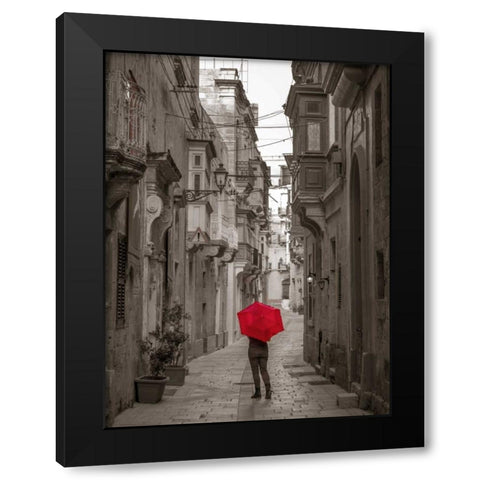 Tourist with umbrella at narrow street on Birgu, Malta Black Modern Wood Framed Art Print with Double Matting by Frank, Assaf