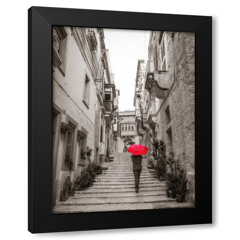 Tourist with umbrella in steps through houses in Birgu, Malta Black Modern Wood Framed Art Print with Double Matting by Frank, Assaf