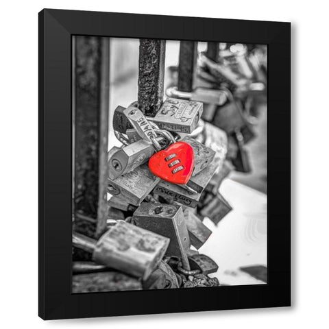Love padlocks on bridge railing, St Julians, Malta Black Modern Wood Framed Art Print by Frank, Assaf