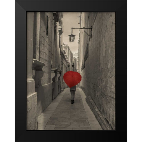 Tourist with heart shaped umbrella walking through narrow street of Mdina, Malta Black Modern Wood Framed Art Print by Frank, Assaf