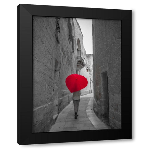 Tourist with heart shaped umbrella walking through narrow street of Mdina, Malta Black Modern Wood Framed Art Print with Double Matting by Frank, Assaf