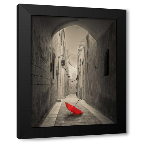 Red umbrella on narrow street of Mdina, Malta Black Modern Wood Framed Art Print by Frank, Assaf