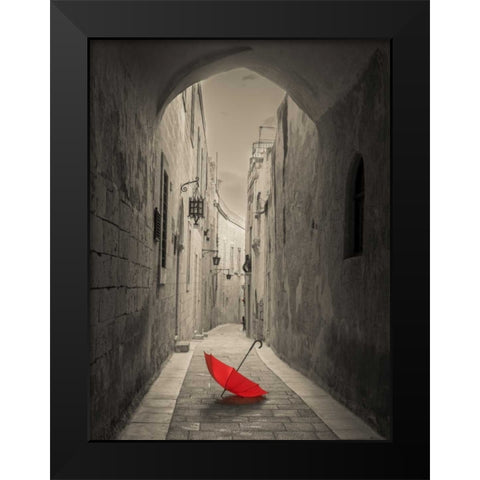 Red umbrella on narrow street of Mdina, Malta Black Modern Wood Framed Art Print by Frank, Assaf