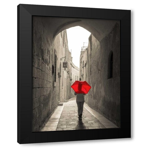 Tourist with umbrella walking through narrow street in Mdina, Malta Black Modern Wood Framed Art Print with Double Matting by Frank, Assaf