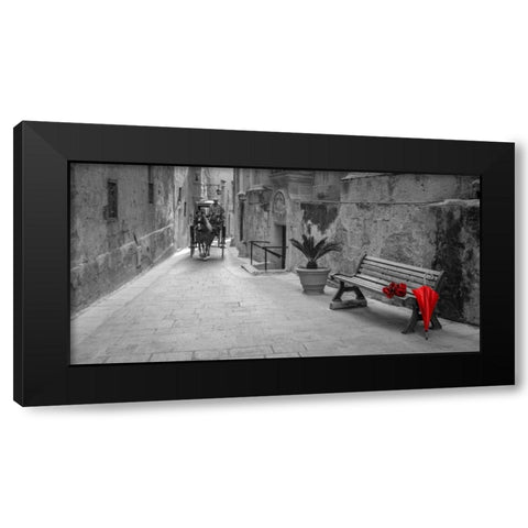 Umbrella with bunch of roses on bench, Mdina, Malta Black Modern Wood Framed Art Print with Double Matting by Frank, Assaf