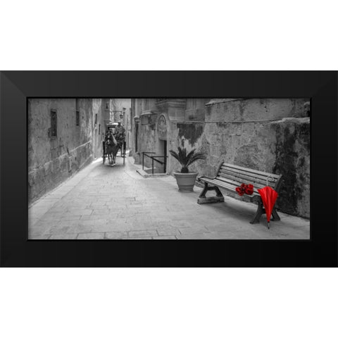Umbrella with bunch of roses on bench, Mdina, Malta Black Modern Wood Framed Art Print by Frank, Assaf