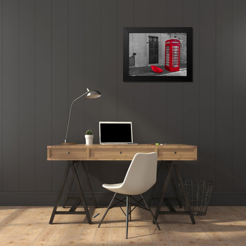 Red umbrella and Telephone box on street of Marsaxlokk, Malta Black Modern Wood Framed Art Print by Frank, Assaf