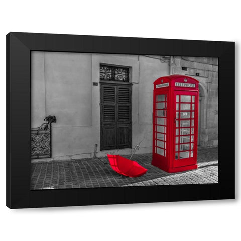 Red umbrella and Telephone box on street of Marsaxlokk, Malta Black Modern Wood Framed Art Print with Double Matting by Frank, Assaf