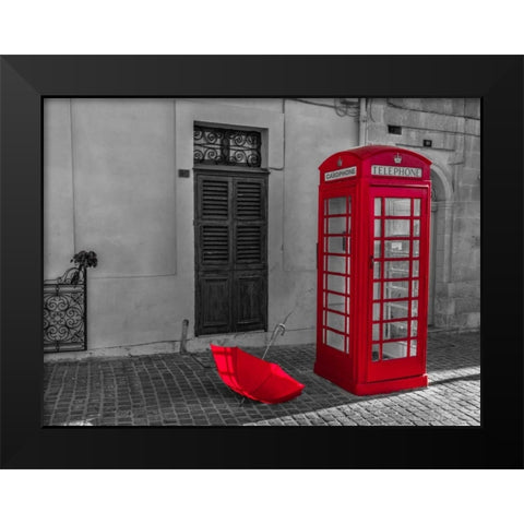 Red umbrella and Telephone box on street of Marsaxlokk, Malta Black Modern Wood Framed Art Print by Frank, Assaf