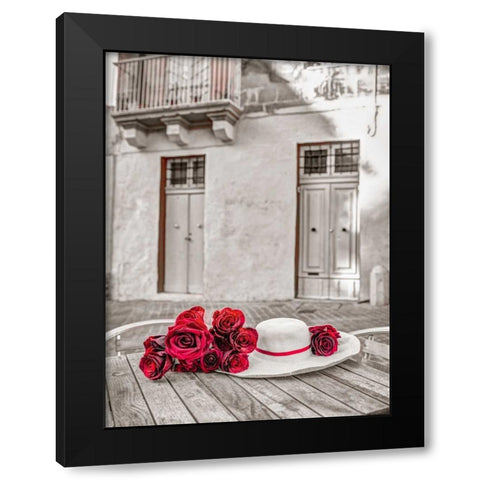 Female hat with bunch of roses on cafe table, Malta Black Modern Wood Framed Art Print with Double Matting by Frank, Assaf