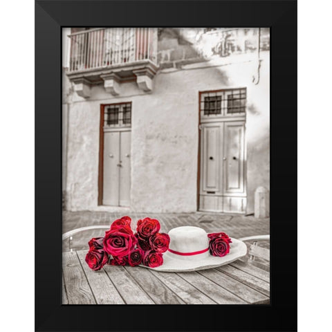 Female hat with bunch of roses on cafe table, Malta Black Modern Wood Framed Art Print by Frank, Assaf