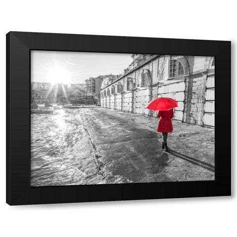 Tourist with red umbrella, Malta Black Modern Wood Framed Art Print by Frank, Assaf