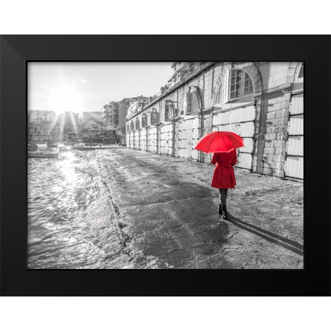 Tourist with red umbrella, Malta Black Modern Wood Framed Art Print by Frank, Assaf