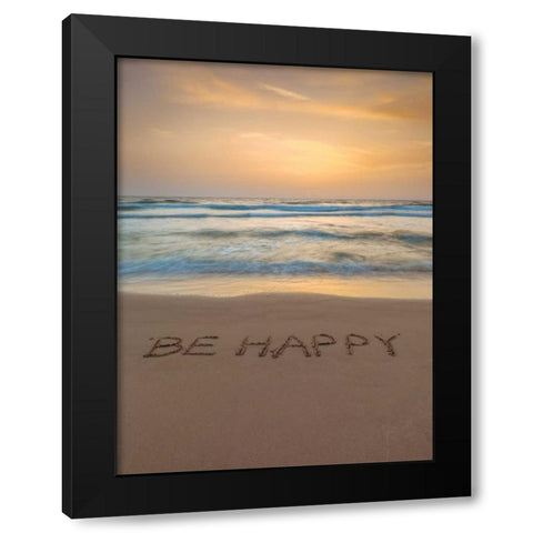 Sand writing - Word Be Happy written on beach Black Modern Wood Framed Art Print with Double Matting by Frank, Assaf