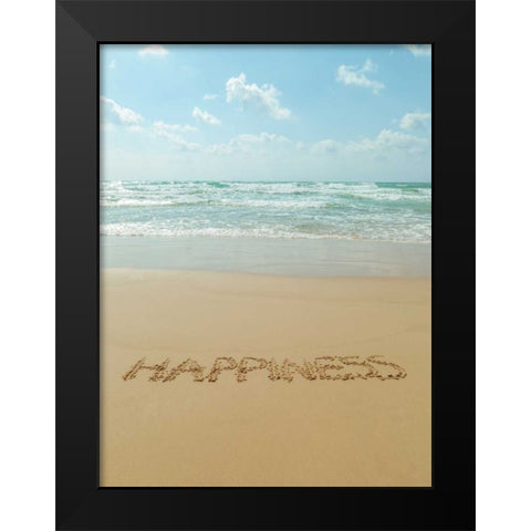 Word Happiness written in sand on the beach Black Modern Wood Framed Art Print by Frank, Assaf