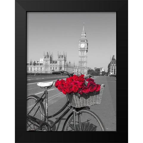 Bicycle with bunch of flowers on Westminster Bridge-London-UK Black Modern Wood Framed Art Print by Frank, Assaf