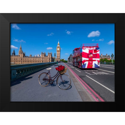 Bicycle with bunch of flowers on Westminster Bridge , London, UK Black Modern Wood Framed Art Print by Frank, Assaf