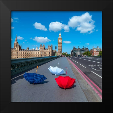 Colourful umbrellas on Westminster Bridge , London, UK Black Modern Wood Framed Art Print by Frank, Assaf