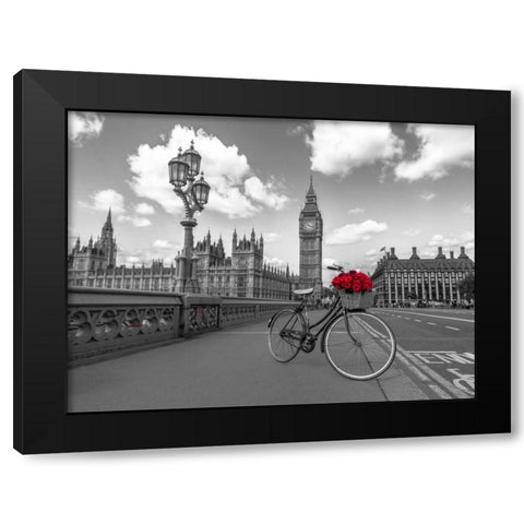 Bicycle with bunch of flowers on Westminster Bridge, London, UK Black Modern Wood Framed Art Print with Double Matting by Frank, Assaf