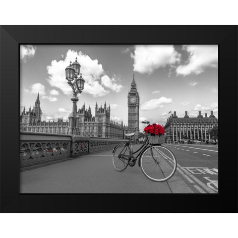 Bicycle with bunch of flowers on Westminster Bridge, London, UK Black Modern Wood Framed Art Print by Frank, Assaf