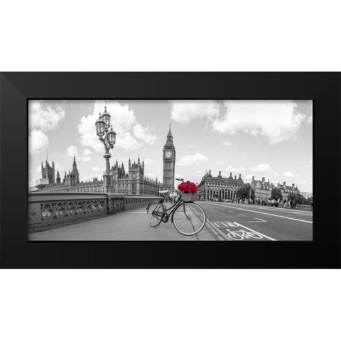 Bicycle with bunch of flowers on Westminster Bridge, London, UK Black Modern Wood Framed Art Print by Frank, Assaf